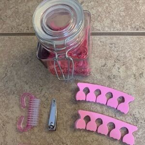 New! Chalkboard jar manicure and pedicure kit with several tools for nail care.